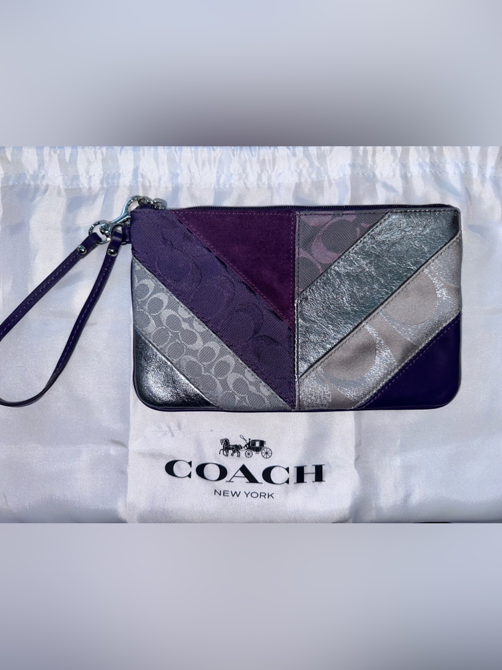 Coach Patchwork Wristlet in Purple and Silver Tones